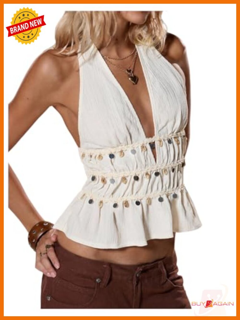 Deep V Halter Top Backless Beaded Ruched Ruffle Going Out Tank - Picture 1 of 6